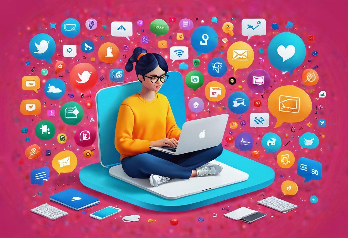 A vibrant illustration of a person typing on a laptop surrounded by floating icons symbolizing engagement like comments, likes, and shares. The background features a colorful blogosphere landscape, filled with various blogs and digital elements like hashtags, lightbulbs, and notebooks. Bright, inviting colors to convey creativity and inspiration. super-realistic. vibrant colors. 3D.