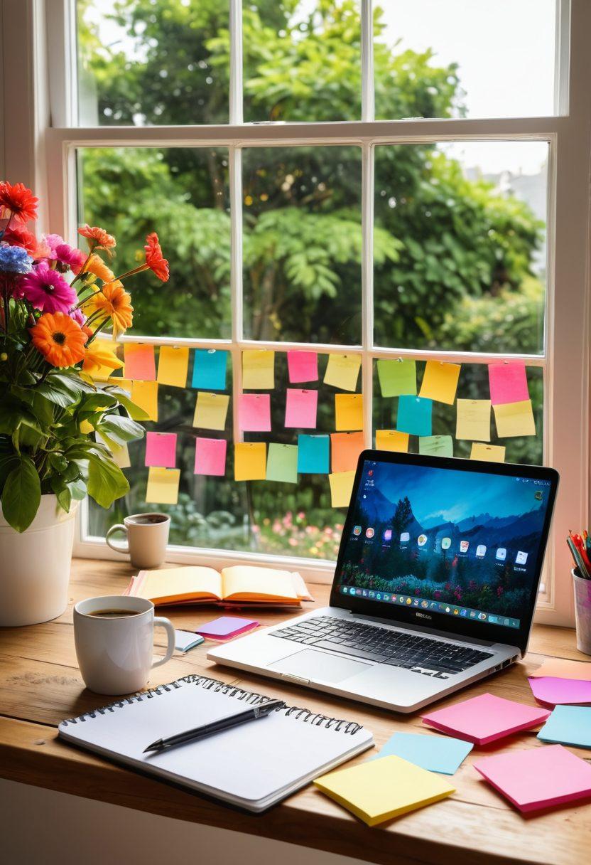 A vibrant laptop on a wooden desk, surrounded by colorful sticky notes and a steaming coffee cup, with a bright, open window revealing a lush garden outside. Display engaging social media icons floating around, symbolizing connectivity. Include a notebook filled with scribbles and a light bulb above representing ideas. super-realistic. vibrant colors. white background.
