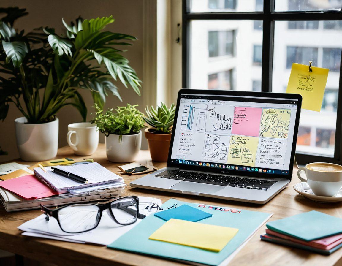 A creative workspace filled with scattered notepads and colorful pens, showcasing an idea board filled with post-it notes and sketches of blog concepts. In the foreground, a laptop displaying a partially written article, while a steaming cup of coffee and a plant sit nearby, creating an inviting atmosphere. Soft, natural light illuminates the scene to evoke inspiration and productivity. super-realistic. warm tones. natural lighting.